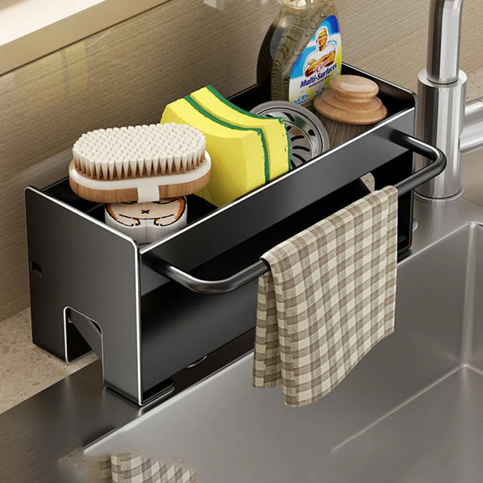 Space Saving Carbon Steel Kitchen Sink Caddy Organizer Rack with Towel Bar Draining Rack - Black - 1