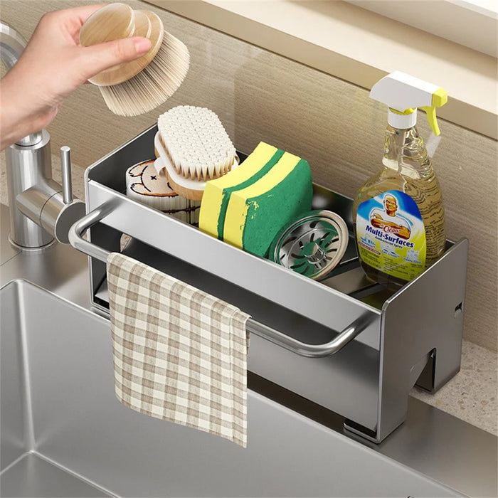 Space Saving Carbon Steel Kitchen Sink Caddy Organizer Rack with Towel Bar Draining Rack - Black - 3