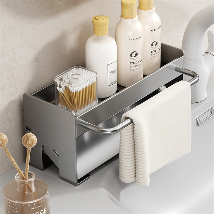 Space Saving Carbon Steel Kitchen Sink Caddy Organizer Rack with Towel Bar Draining Rack - Black - 4