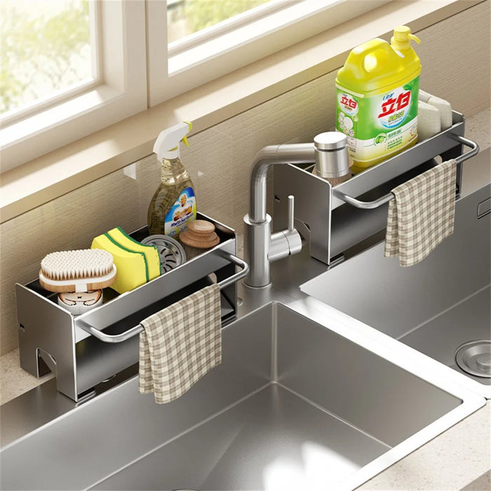 Space Saving Carbon Steel Kitchen Sink Caddy Organizer Rack with Towel Bar Draining Rack - Black - 5