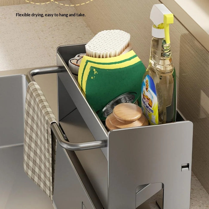 Space Saving Carbon Steel Kitchen Sink Caddy Organizer Rack with Towel Bar Draining Rack - Black - 6