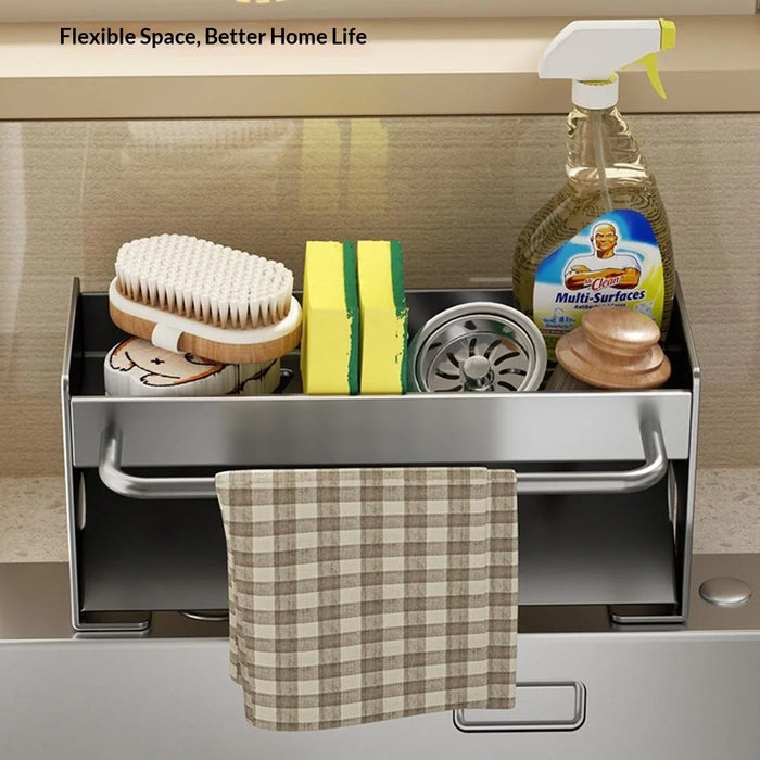Space Saving Carbon Steel Kitchen Sink Caddy Organizer Rack with Towel Bar Draining Rack - Black - 7