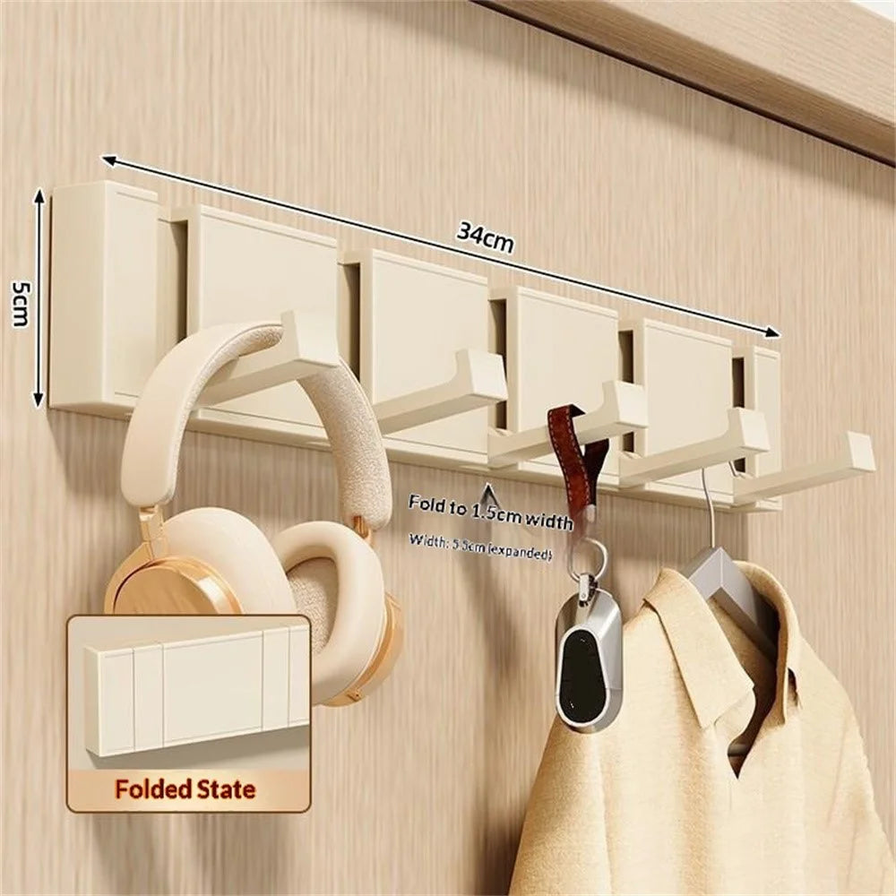 5-Hook Foldable Over Door Hanger No Drilling Space Saving Wall Mounted Coat Rack for Entryway Bathroom - Beige - 2