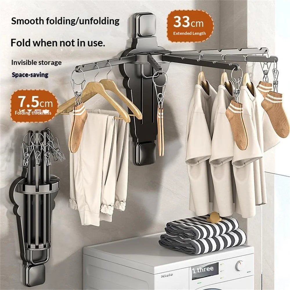 Folding Fan-shaped Wall Mounted Clothes Drying Rack Multi-Rod Underwear Hanging Rack with Sock Clips - Tarnish - 2