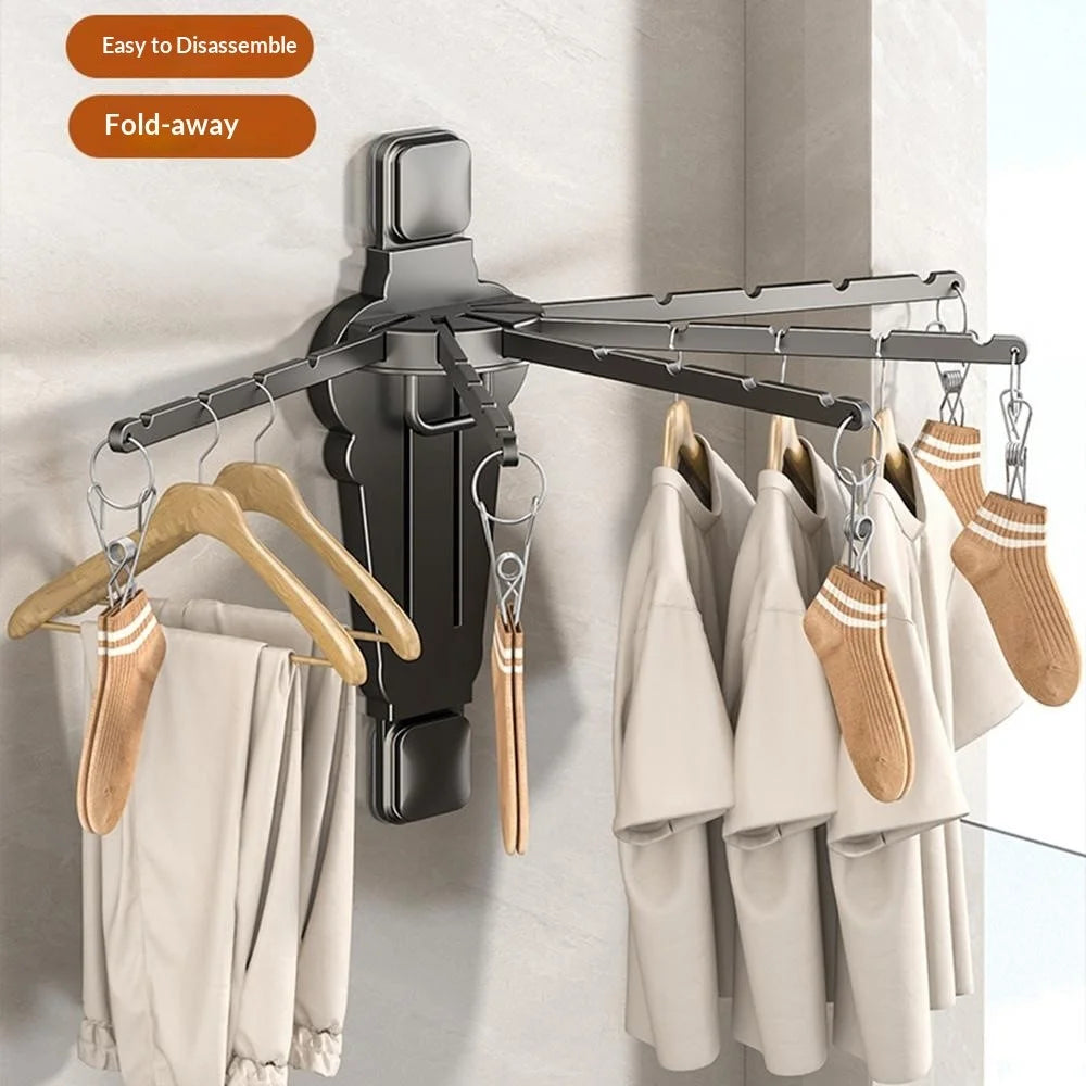Folding Fan-shaped Wall Mounted Clothes Drying Rack Multi-Rod Underwear Hanging Rack with Sock Clips - Tarnish - 3