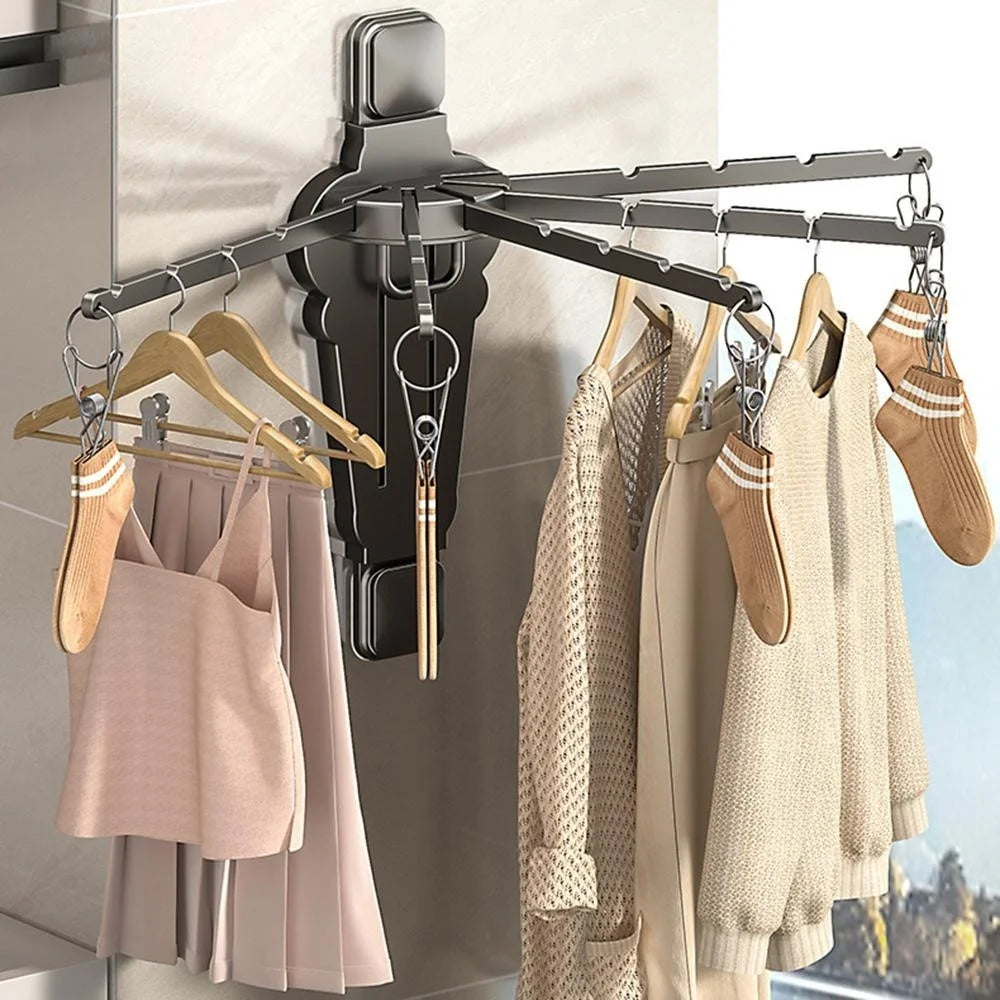 Folding Fan-shaped Wall Mounted Clothes Drying Rack Multi-Rod Underwear Hanging Rack with Sock Clips - Tarnish - 6