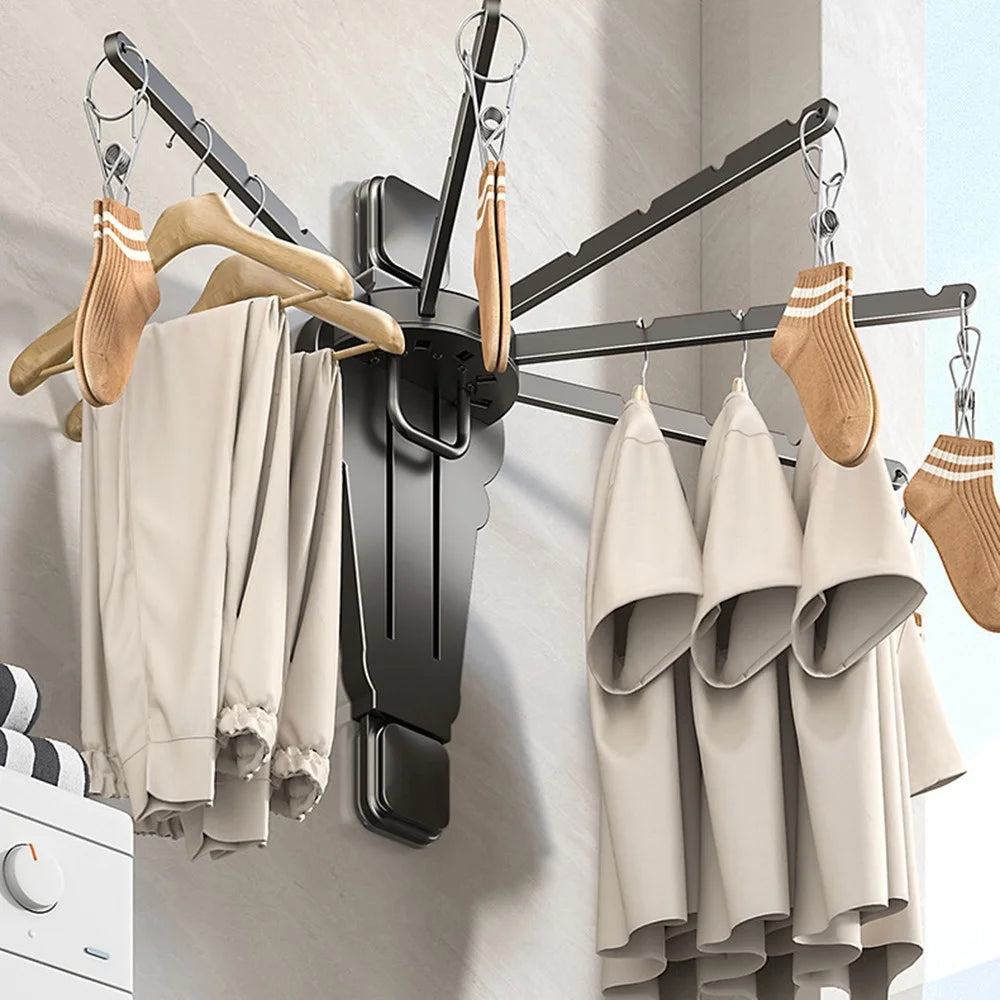 Folding Fan-shaped Wall Mounted Clothes Drying Rack Multi-Rod Underwear Hanging Rack with Sock Clips - Tarnish - 7