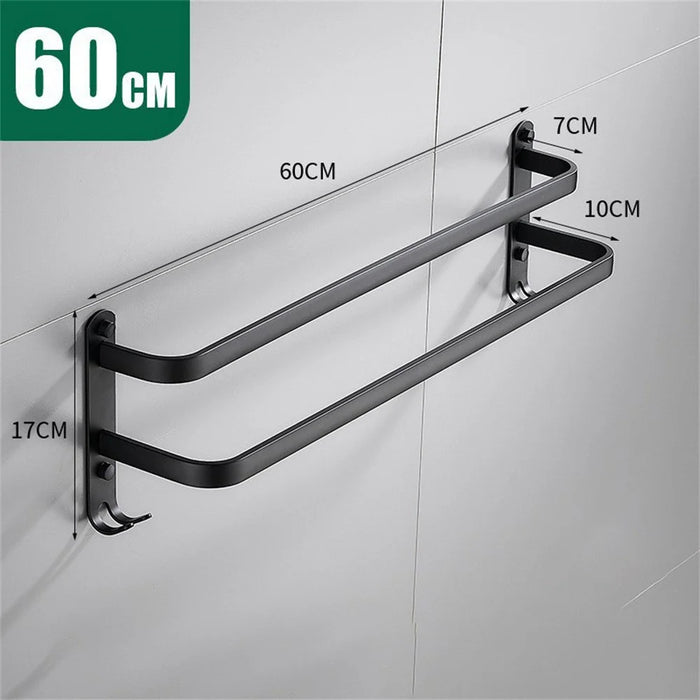 60cm Double Towel Bars Wall Mounted Space Aluminum Towel Holder Hanger for Bathroom - Black - 5