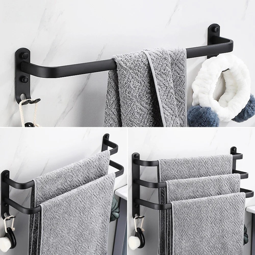 70cm Double Towel Bars Wall Mounted Space Aluminum Towel Holder Hanger for Bathroom - Black - 2