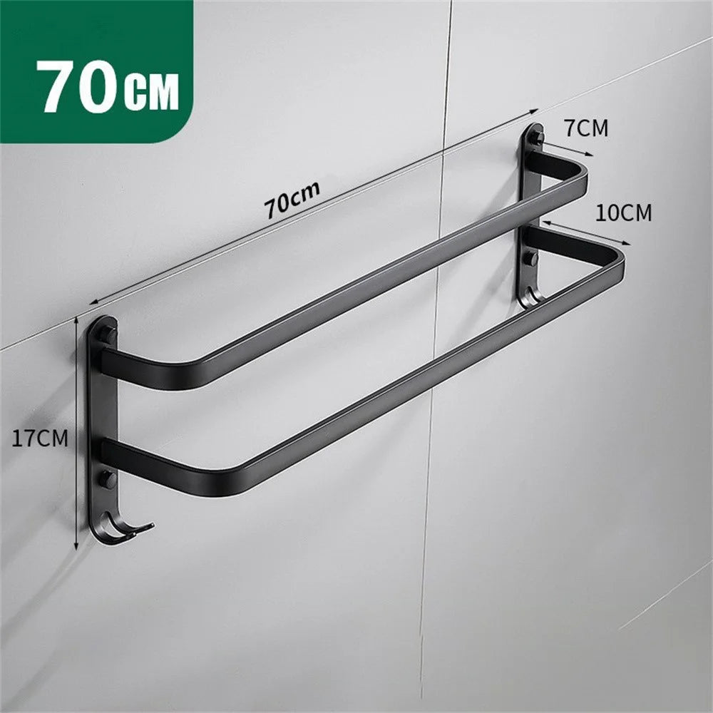 70cm Double Towel Bars Wall Mounted Space Aluminum Towel Holder Hanger for Bathroom - Black - 5