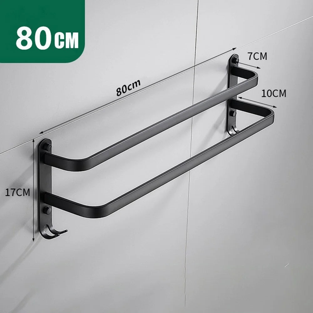 80cm Double Towel Bars Wall Mounted Space Aluminum Towel Holder Hanger for Bathroom - Black - 5