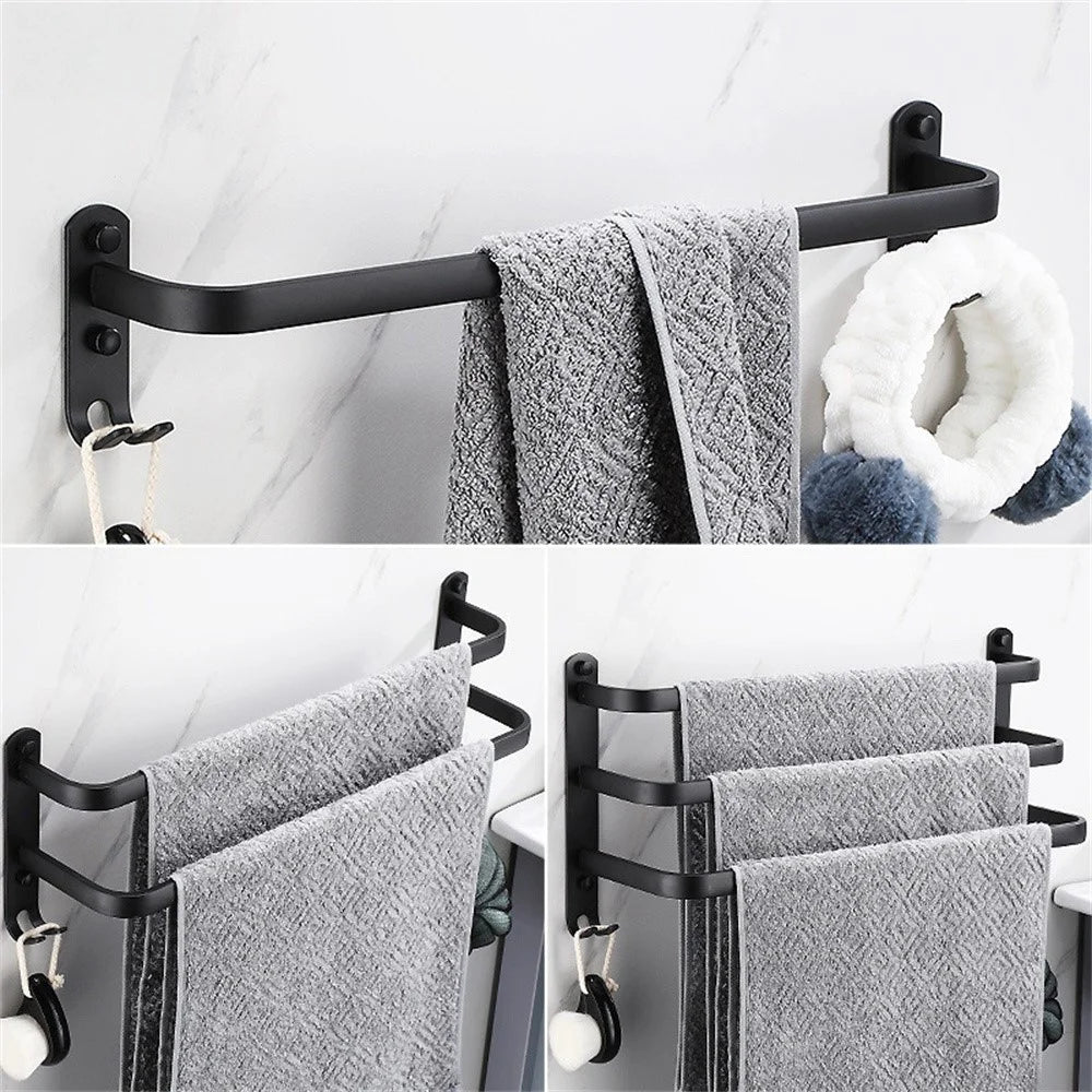 40cm 3-Tiers Towel Bars Wall Mounted Space Aluminum Towel Rail Rack for Bathroom - Black - 2