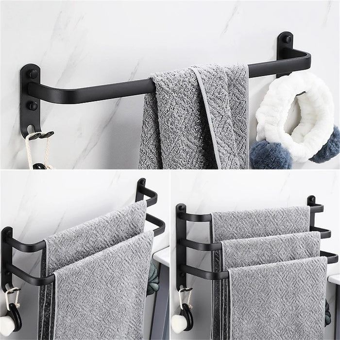 80cm 3-Tiers Towel Bars Wall Mounted Space Aluminum Towel Rail Rack for Bathroom - Black - 2