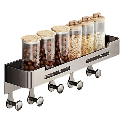 Magnetic Spice Rack for Refrigerator Carbon Steel Seasoning Shelf with 5 Hooks - Grey - 1
