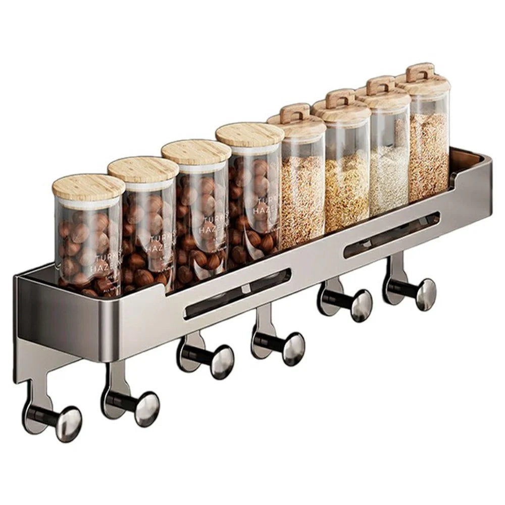 Magnetic Spice Rack for Refrigerator Carbon Steel Seasoning Shelf with 6 Hooks - Grey - 1