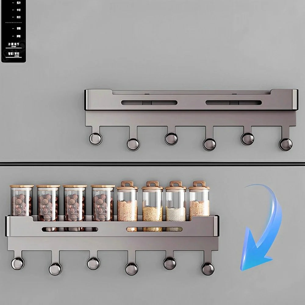 Magnetic Spice Rack for Refrigerator Carbon Steel Seasoning Shelf with 6 Hooks - Grey - 2