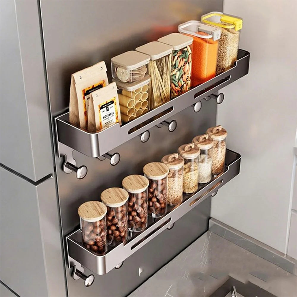 Magnetic Spice Rack for Refrigerator Carbon Steel Seasoning Shelf with 6 Hooks - Grey - 5