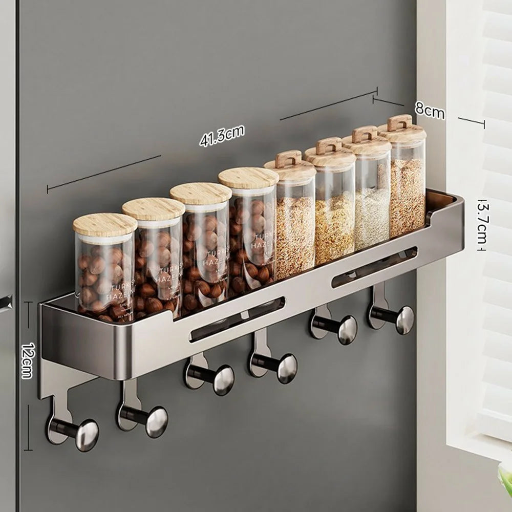 Magnetic Spice Rack for Refrigerator Carbon Steel Seasoning Shelf with 6 Hooks - Grey - 6