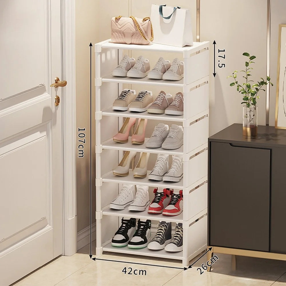 7 Tier Wide Shoe Rack Space Saving Entryway Organizer Stackable Storage Shelf Easy Assembly - White - 1