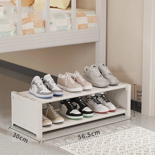 2 Tier 56.5cm Shoe Rack Space Saving Slim Under Desk Dorm Storage Organizer Multi-Function Dustproof - White - 1
