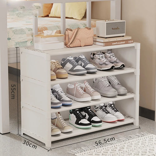 4 Tier 56.5cm Shoe Rack Space Saving Slim Under Desk Dorm Storage Organizer Multi-Function Dustproof - White - 1