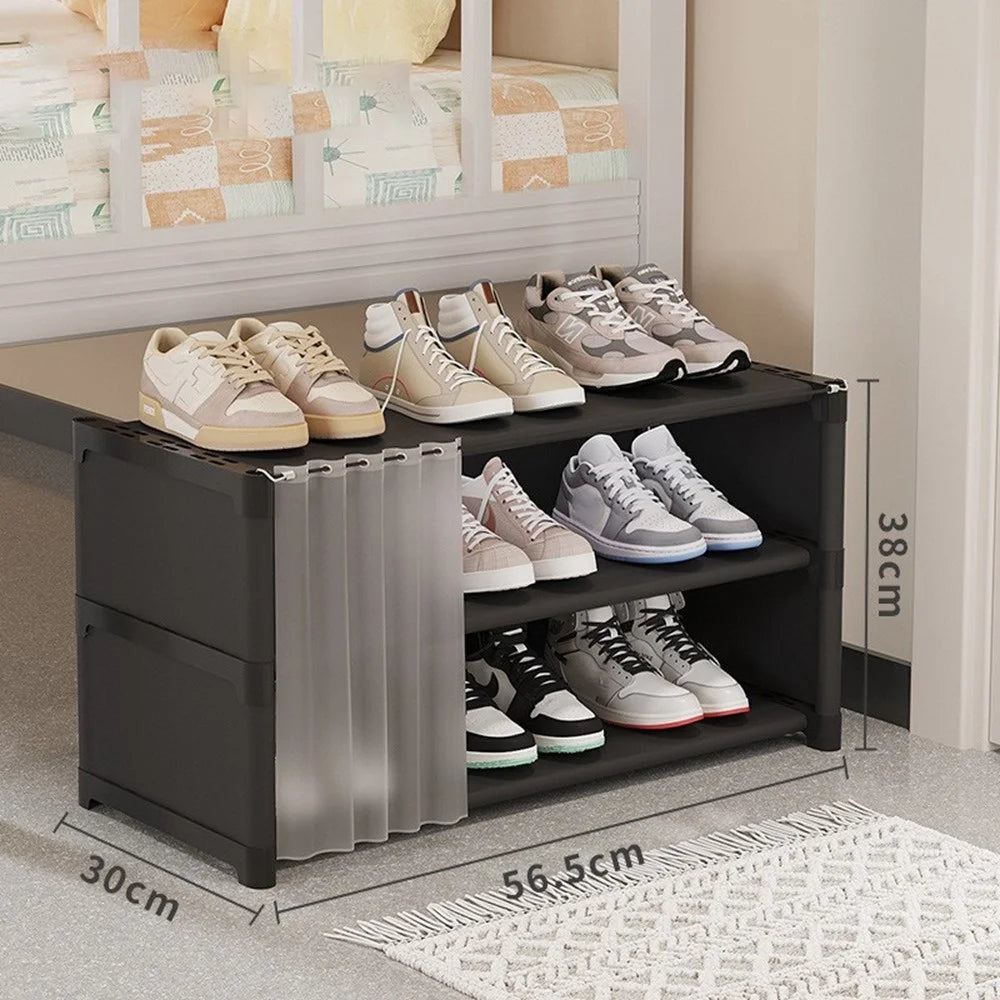 3 Tier 56.5cm Shoe Rack Space Saving Slim Under Desk Dorm Dustproof Storage Organizer with Curtain - Black - 1