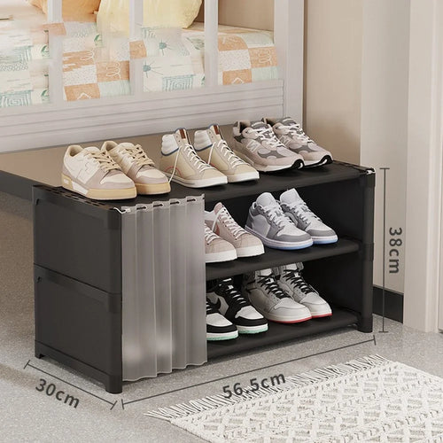 3 Tier 56.5cm Shoe Rack Space Saving Slim Under Desk Dorm Dustproof Storage Organizer with Curtain - Black - 1