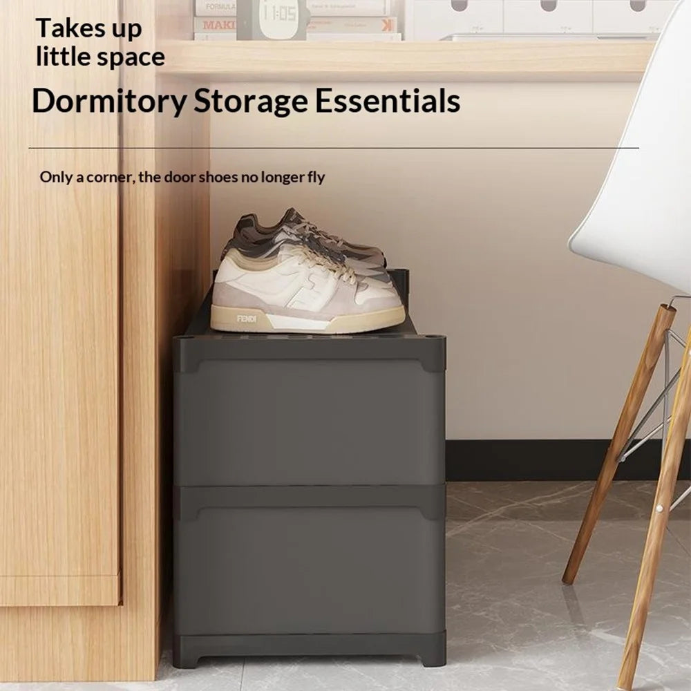 3 Tier 56.5cm Shoe Rack Space Saving Slim Under Desk Dorm Dustproof Storage Organizer with Curtain - Black - 2