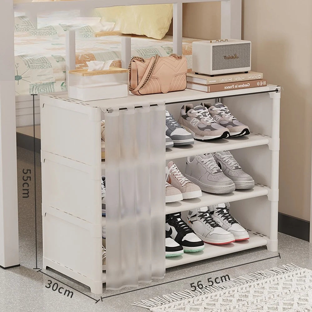 4 Tier 56.5cm Shoe Rack Space Saving Slim Under Desk Dorm Dustproof Storage Organizer with Curtain - White - 1