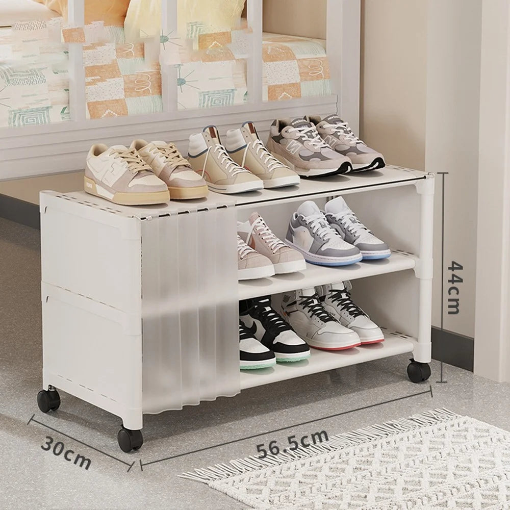 3-Tier 56.5cm Shoe Rack with Wheels and Dust Curtain Space Saving Storage Organizer For Dorm Bedroom Entryway - White - 1