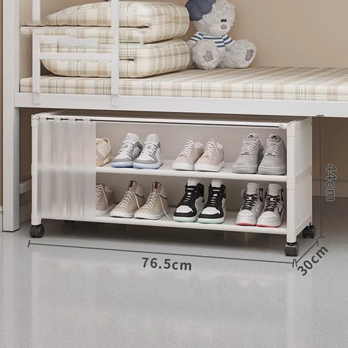 3 Tier 76.5cm Shoe Rack Space Saving Under Bed Dust-Proof Storage Organizer with Wheels and Curtain - White - 1