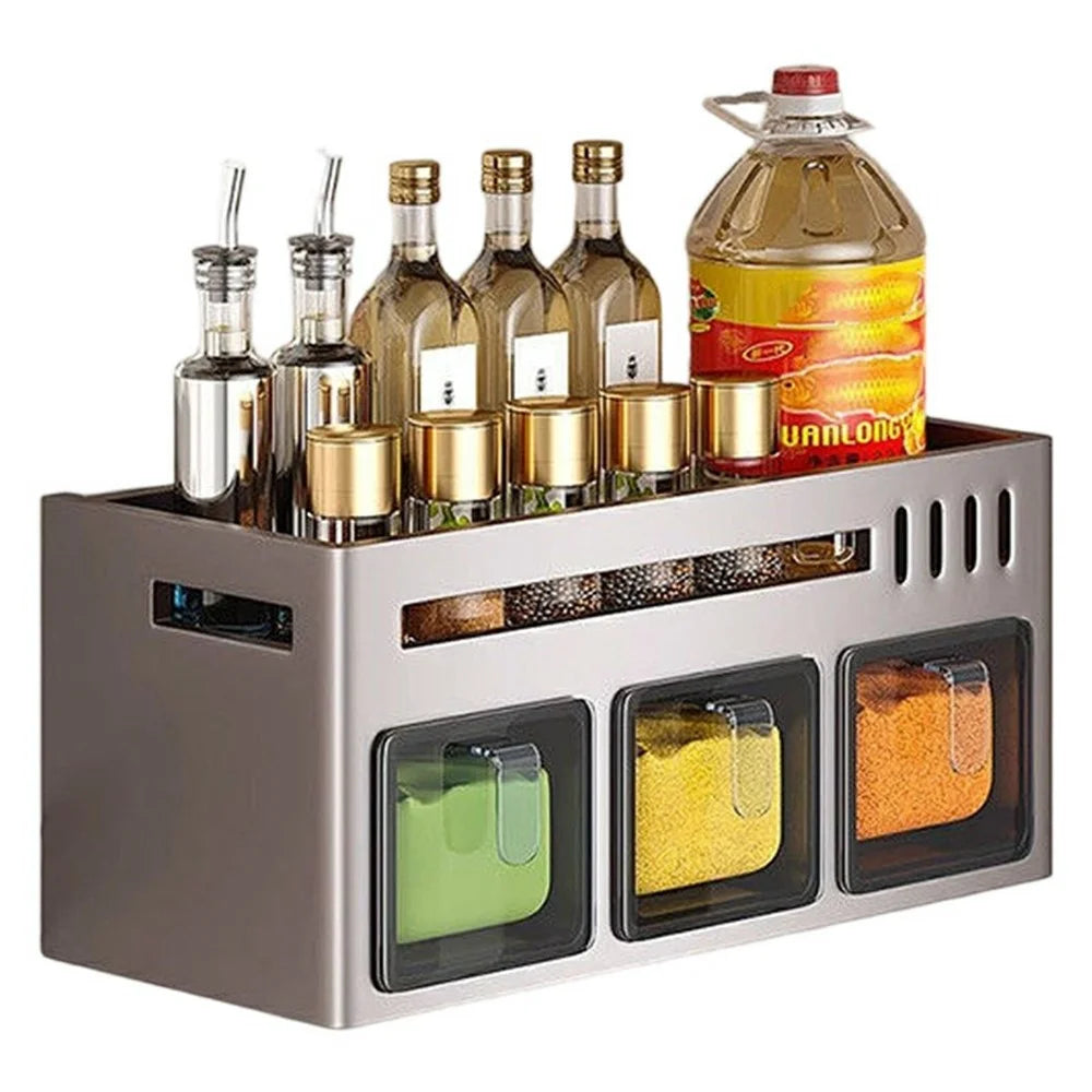 27.5cm Single Tier Adhesive Wall Mount Spice Organizer with 3 Containers, Kitchen Shelf Seasoning Storage Rack for Home - 1