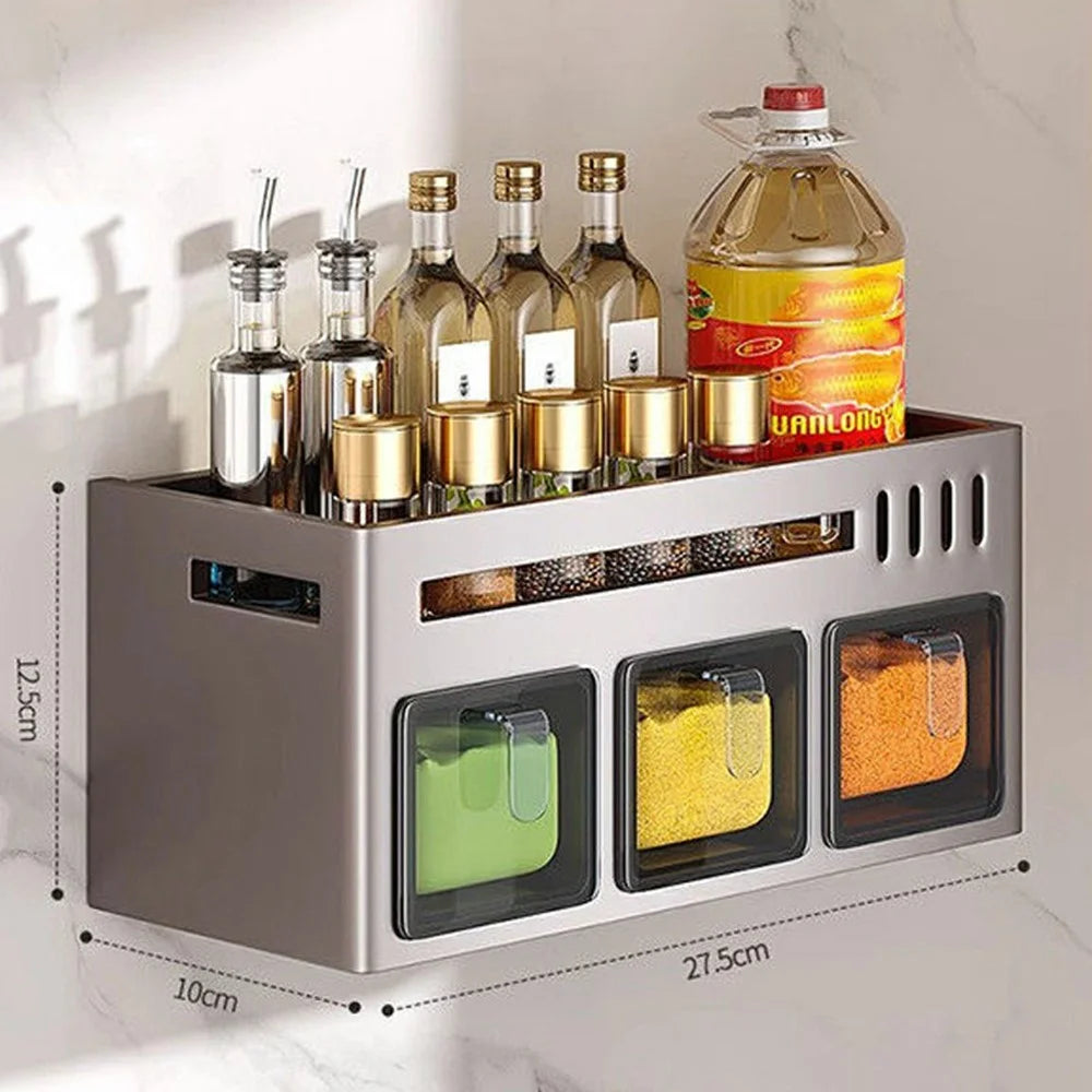 27.5cm Single Tier Adhesive Wall Mount Spice Organizer with 3 Containers, Kitchen Shelf Seasoning Storage Rack for Home - 2