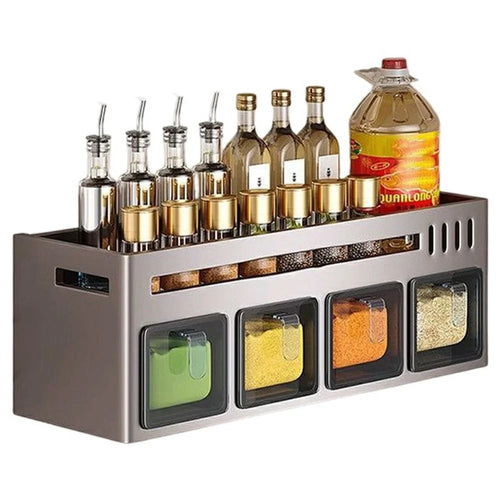 36cm Single Tier Adhesive Wall Mount Spice Organizer with 4 Containers, Kitchen Shelf Seasoning Storage Rack for Home - 1