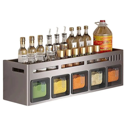 44.5cm Single Tier Adhesive Wall Mount Spice Organizer with 5 Containers, Kitchen Shelf Seasoning Storage Rack for Home - 1