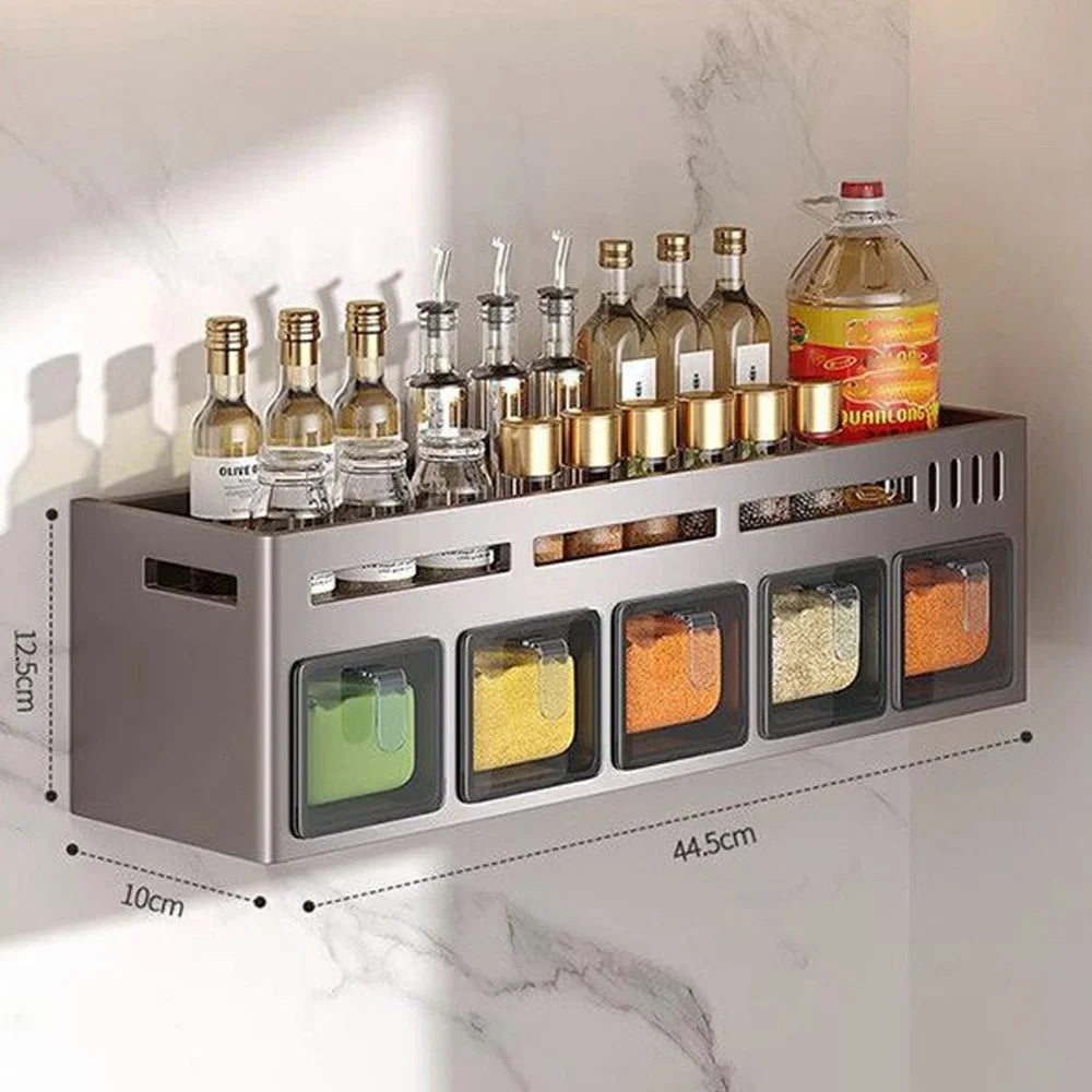 44.5cm Single Tier Adhesive Wall Mount Spice Organizer with 5 Containers, Kitchen Shelf Seasoning Storage Rack for Home - 2