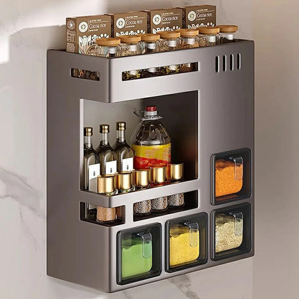 27.5cm 2-Tier Adhesive Wall Mount Spice Organizer with 4 Containers, Kitchen Shelf Seasoning Storage Rack for Home - 1