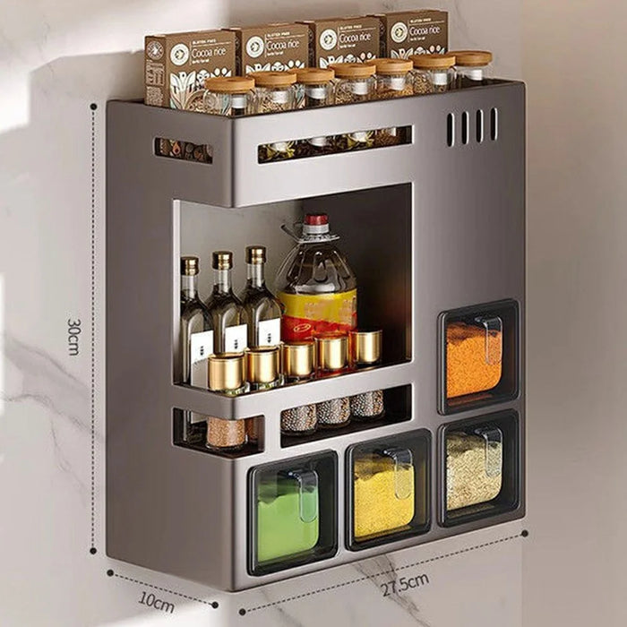27.5cm 2-Tier Adhesive Wall Mount Spice Organizer with 4 Containers, Kitchen Shelf Seasoning Storage Rack for Home - 2