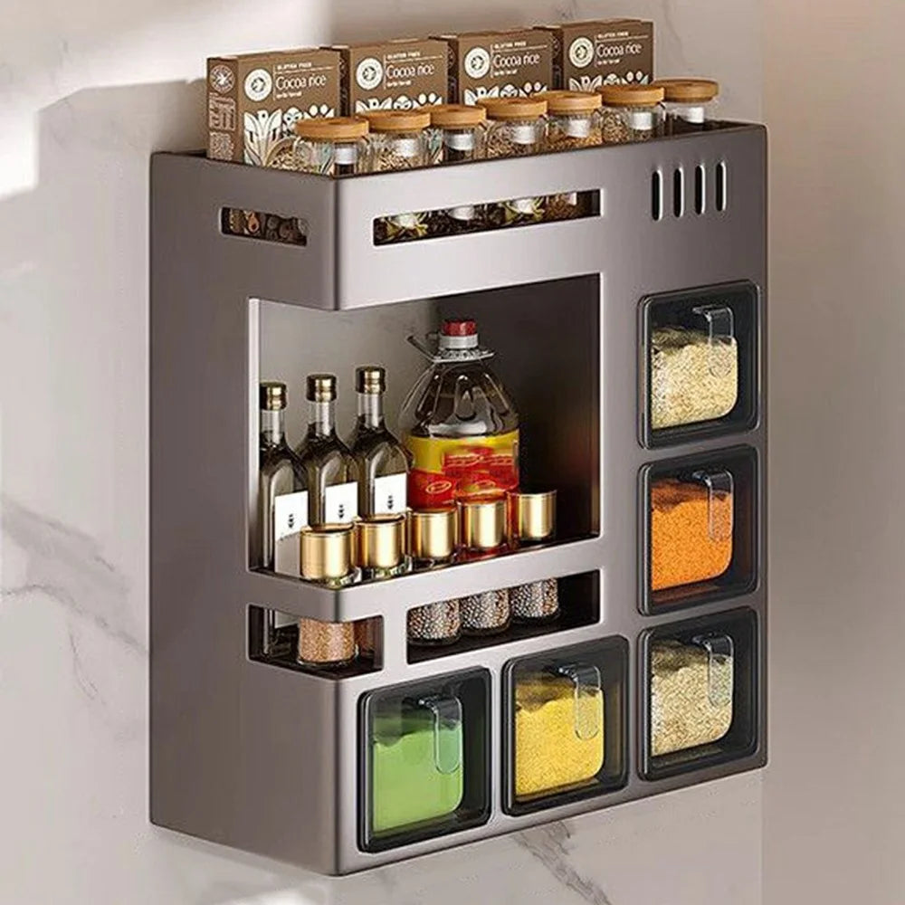 27.5cm 2-Tier Adhesive Wall Mount Spice Organizer with 5 Containers, Kitchen Shelf Seasoning Storage Rack for Home - 1