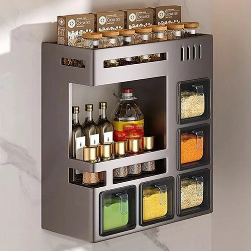 27.5cm 2-Tier Adhesive Wall Mount Spice Organizer with 5 Containers, Kitchen Shelf Seasoning Storage Rack for Home - 1