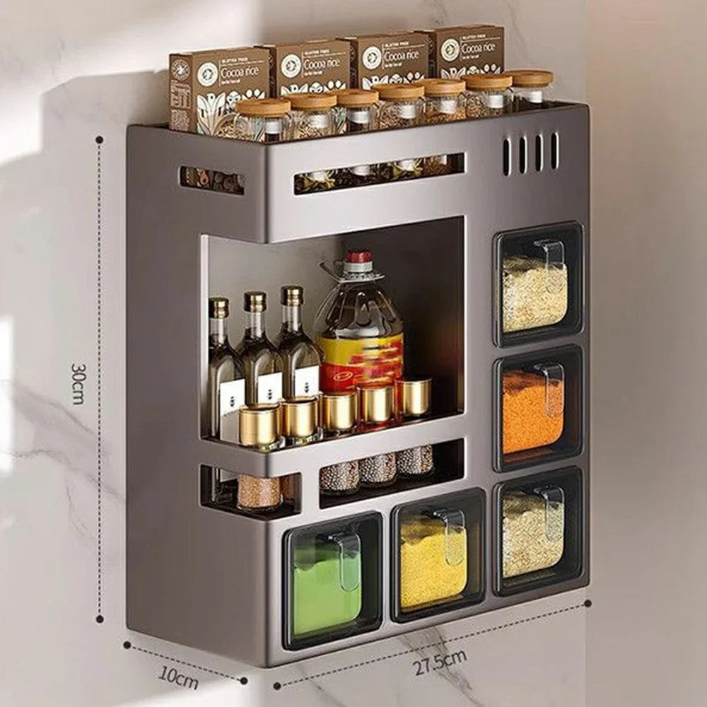 27.5cm 2-Tier Adhesive Wall Mount Spice Organizer with 5 Containers, Kitchen Shelf Seasoning Storage Rack for Home - 2