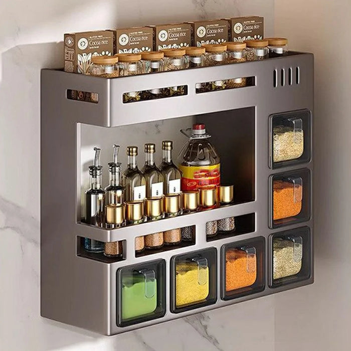 36cm 2-Tier Adhesive Wall Mount Spice Organizer with 6 Containers, Kitchen Shelf Seasoning Storage Rack for Home - 1