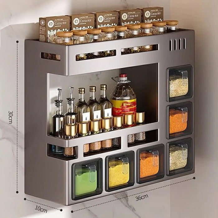 36cm 2-Tier Adhesive Wall Mount Spice Organizer with 6 Containers, Kitchen Shelf Seasoning Storage Rack for Home - 6