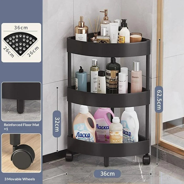 3-Tier Corner Storage Rack Bathroom Kitchen Organizer Shelf with Wheels Triangle Floor Stand Space Saving - Black - 6