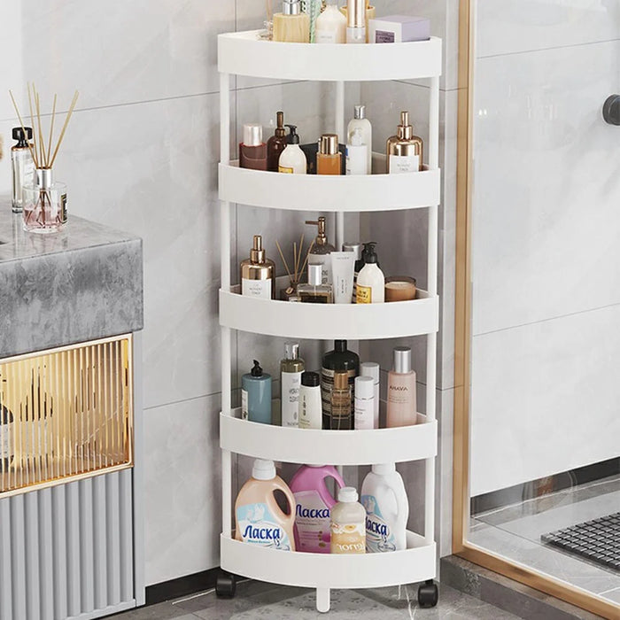 5-Tier Corner Storage Rack Bathroom Kitchen Organizer Shelf with Wheels Triangle Floor Stand Space Saving - White - 6