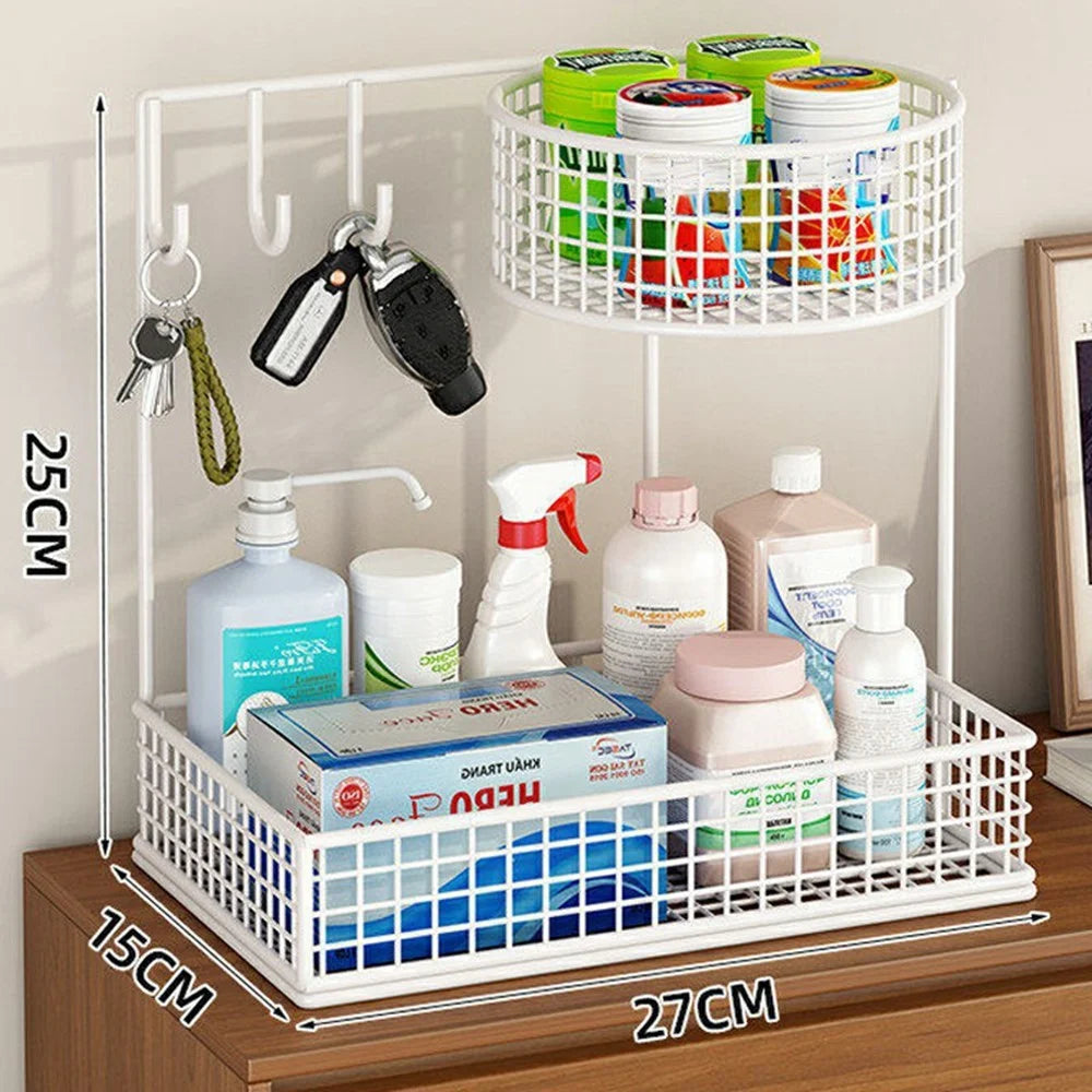 27 x 15 x 25cm Key Organizer for Entryway Table Top Storage Rack Iron Mesh Double Layer Basket with Hooks - White - 1