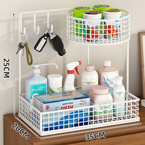 35 x 20 x 25cm Key Organizer for Entryway Table Top Storage Rack Iron Mesh Double Layer Basket with Hooks - White - 1