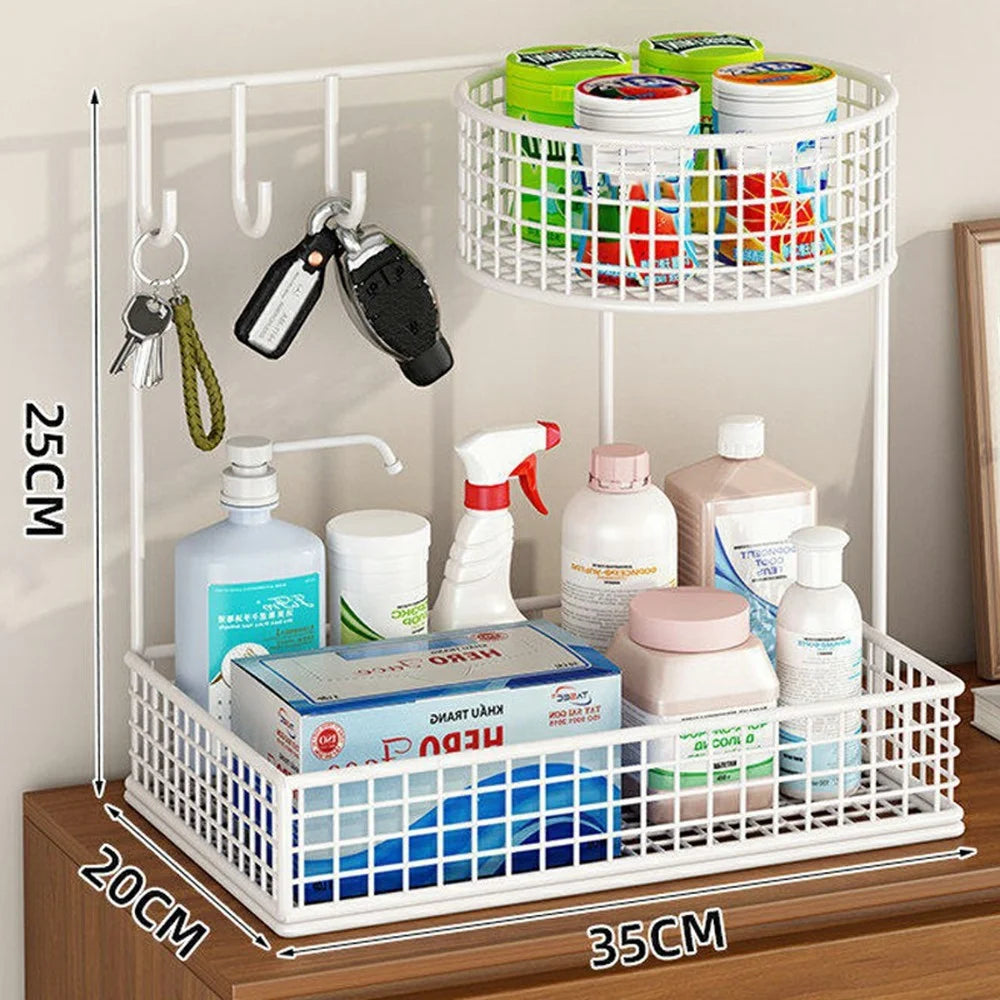 35 x 20 x 25cm Key Organizer for Entryway Table Top Storage Rack Iron Mesh Double Layer Basket with Hooks - White - 1