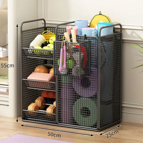 50 x 25 x 55cm Storage Rack with Side Basket Yoga Mat Organizer Exercise Equipment Container Holder - Black - 1