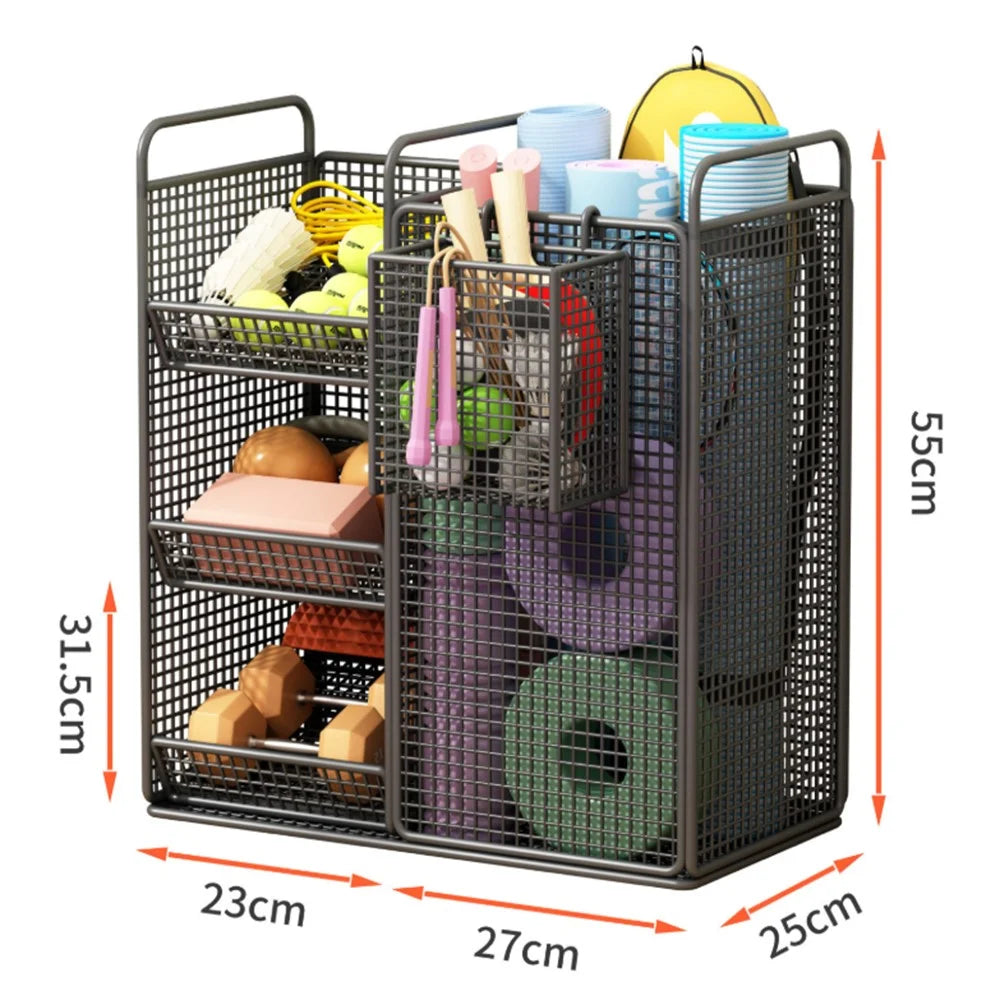 50 x 25 x 55cm Storage Rack with Side Basket Yoga Mat Organizer Exercise Equipment Container Holder - Black - 2